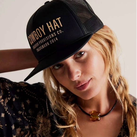 Free People Black Mesh Trucker Hat with Gold Lettering - Picture 4 of 4